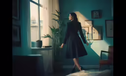 a woman standing in front of a window