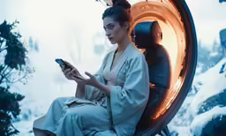 a woman sitting on a chair in front of a snow covered area
