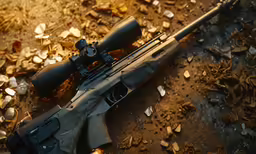 a rifle and rifle scope lying on the ground