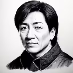 an ink portrait of a woman wearing a black jacket