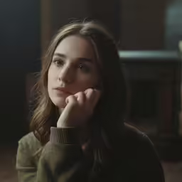 a woman sitting with her hand under her chin looking pensive