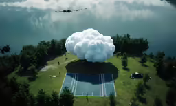 a large cloud is rising up into the sky above a tennis court