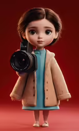 a doll with a camera is standing in front of a red background
