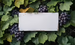 a white board surrounded by grapes on leaves