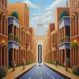 the city of paris is painting in an unusual style,a painting of the eiffel tower is in the distance,a painting of a deserted street in the middle of the city,there is a painting in the room,a painting of a road in the middle of a city