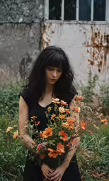 the woman with black hair is holding a bouquet of orange flowers