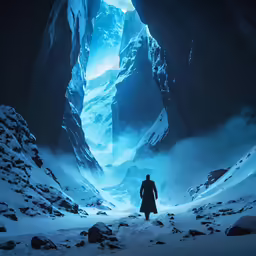 a man standing in the middle of a snowy mountain