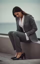 a woman in a suit sitting on a ledge and adjusting her shoe