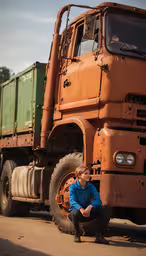 a young man is crouched down in front of a truck,a man squatting against the front of an orange truck