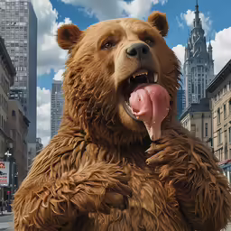 a person in large brown bear outfit holding a donut