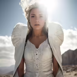 a woman wearing white clothing with wings on her head