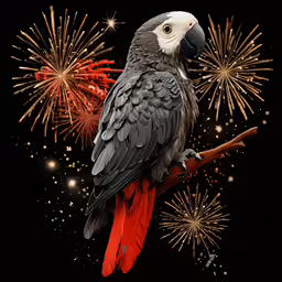 a parrot on top of a red perch with fireworks in the background