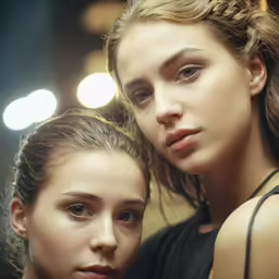 a woman is standing next to another person