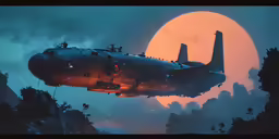 an old airplane with the moon behind it