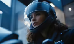 a female wearing a helmet and looking back