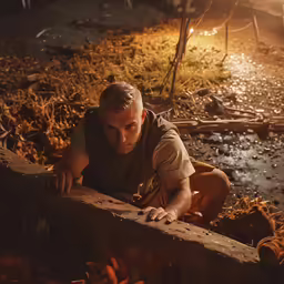 a man leaning over an open fire in the wilderness