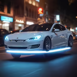 the tesla model s is shown with its lights glowing on the street