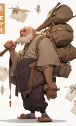 an old man is carrying bags and walking