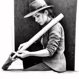 a woman is holding two wooden bats and wearing a hat