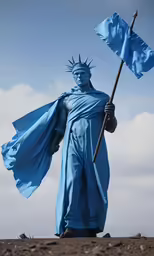 a statue in a blue cloak and holding a flag