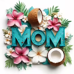 the word mom spelled by the words in blue and pink flowers and coconuts