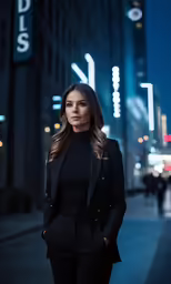 the woman is posing in front of the building