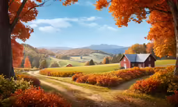 an oil painting of a country path and farm with autumn foliage