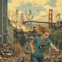 a woman running in a pile of rubble near the bridge