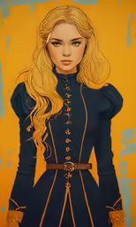 a drawing of a woman in uniform with long blonde hair