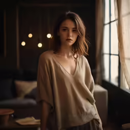 a woman is standing in front of a window
