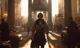 a woman is walking down the street in the city