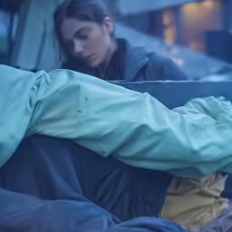 a woman with an oversize coat sitting in a bed