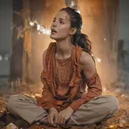 the woman is sitting in front of an area that contains a lot of leaves