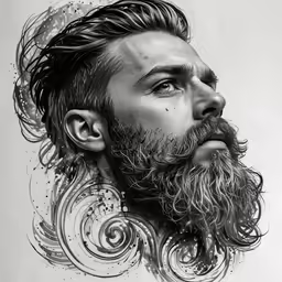a man with long hair and beard is shown from the side