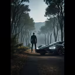 a man stands next to a sports car