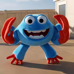 a blue stuffed animal holding a large orange object