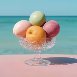 several colorful eggs and two oranges in a glass bowl