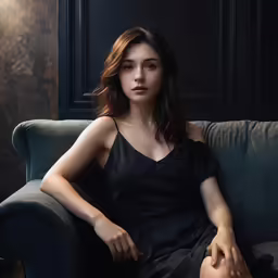 a beautiful young woman sitting on top of a blue couch