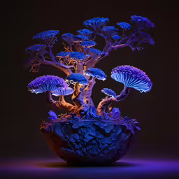 a bonsai tree on top of a vase with purple lights