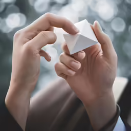 hands holding white origami paper while sitting in chair