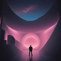 a man standing in a large tunnel with purple lights and a sky background