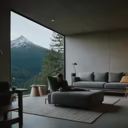 a woman is sitting on a couch and looking at the view
