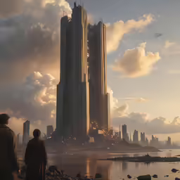 people stand by the water and look at the buildings in the background