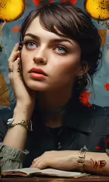 the young woman is talking on her cellphone in the middle of artwork