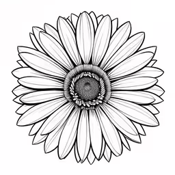 the large flower is drawn on the white paper,a black and white sunflower drawn by hand,an illustration of a flower with large petals,black and white sunflower tattoo with one end pointing upwards,a single sunflower that is drawn in black and white