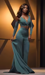 a woman wearing a blue dress and posing for the camera