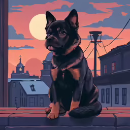 dog sitting on a ledge looking to its left with a sunset in the background