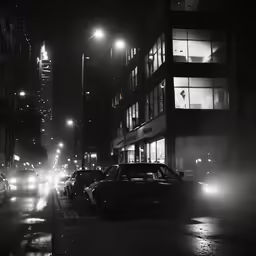 a foggy night in a city filled with tall buildings