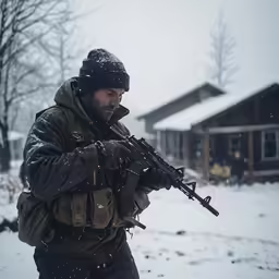 a man in winter gear holding an akele rifle
