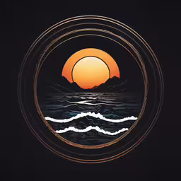a painting of a sunset over the ocean,the sun is rising over the horizon from water